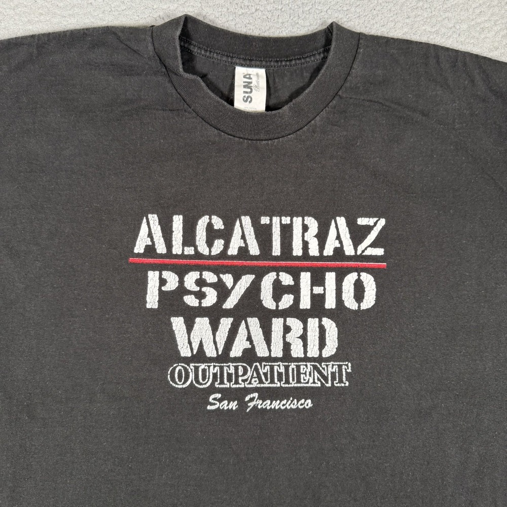 Suna Shirt Mens XL Black Alcatraz Psycho Ward Outpatient Graphic Tee Cotton Logo